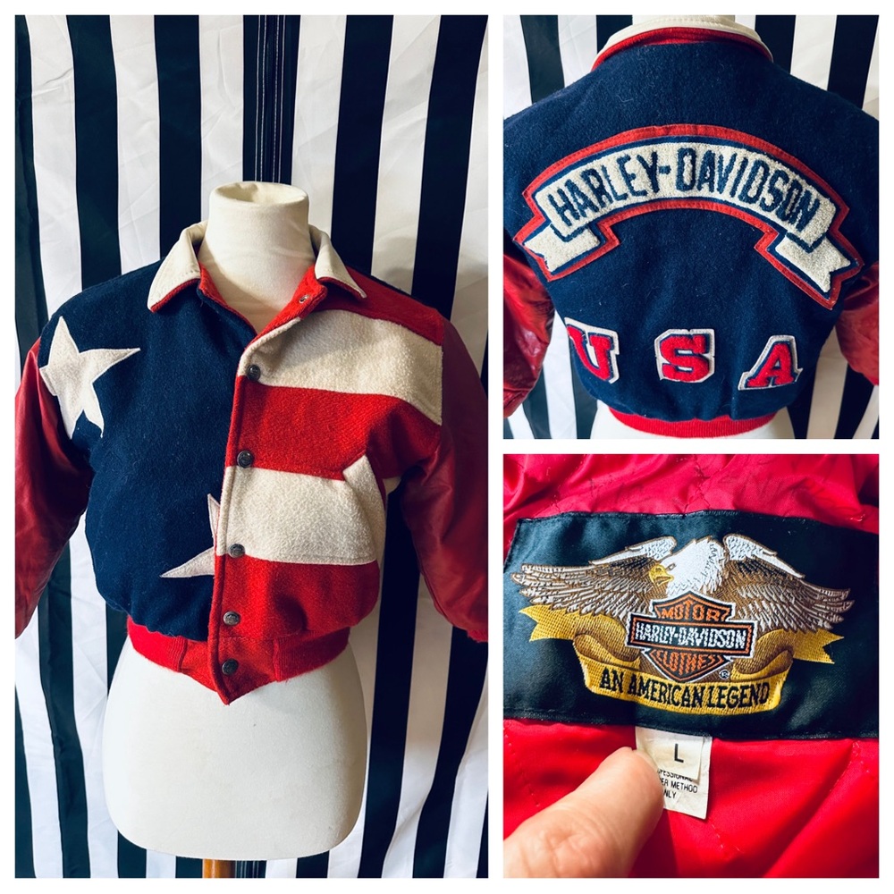 Harley Davidson RARE Vintage USA Flag Wool Varsity Jacket w/ Leather Sleeves